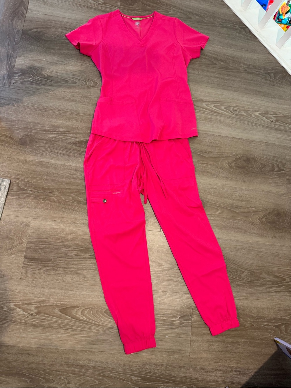 HH Works Healing Hands Deep Carnation Pink V-Neck Scrub Top Jogger Pants Small